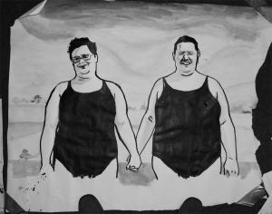 Original artwork for Sunshine, a black and white ink drawing of two dykes in swimsuits holding hands
