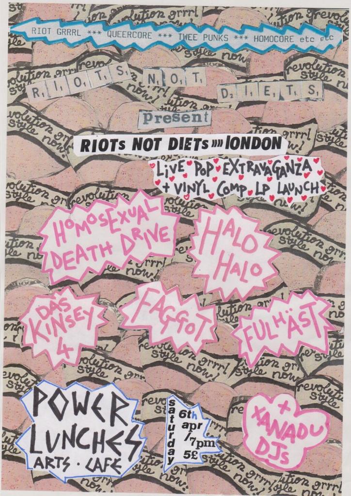 Poster for Riots not Diets, lots of cut out drawings and hand drawn text