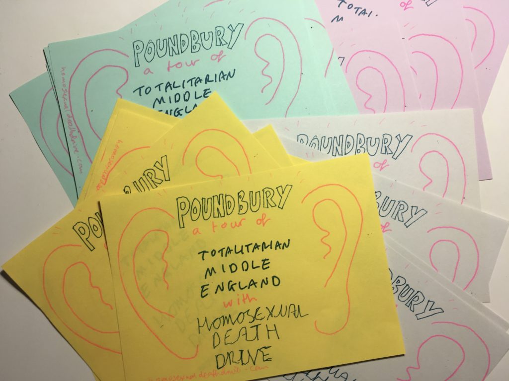 Colourful riso printed flyers featuring The Poundbury Ears and the slogan TOTALITARIAN MIDDLE ENGLAND 