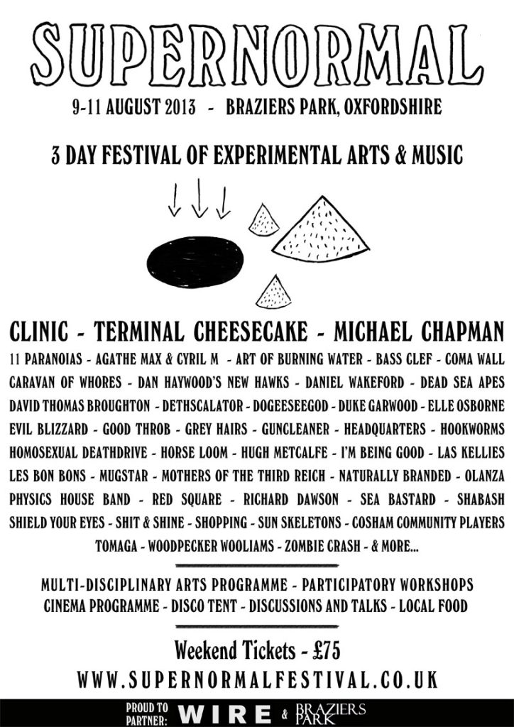 Poster for Supernormal festival with loads of band names and mysterious graphics