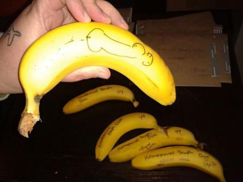 Banana with a cock drawn with biro, bananas in the background with Homosexual Death Drive official merch drawn on them