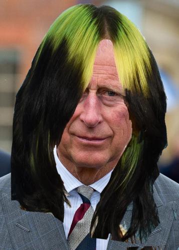 Photoshopped image of Charles with Billie Eilish hair