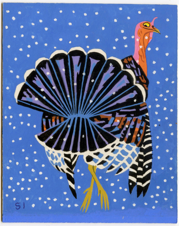 Colourful xmas card painting by Stewart Irwin of a turkey